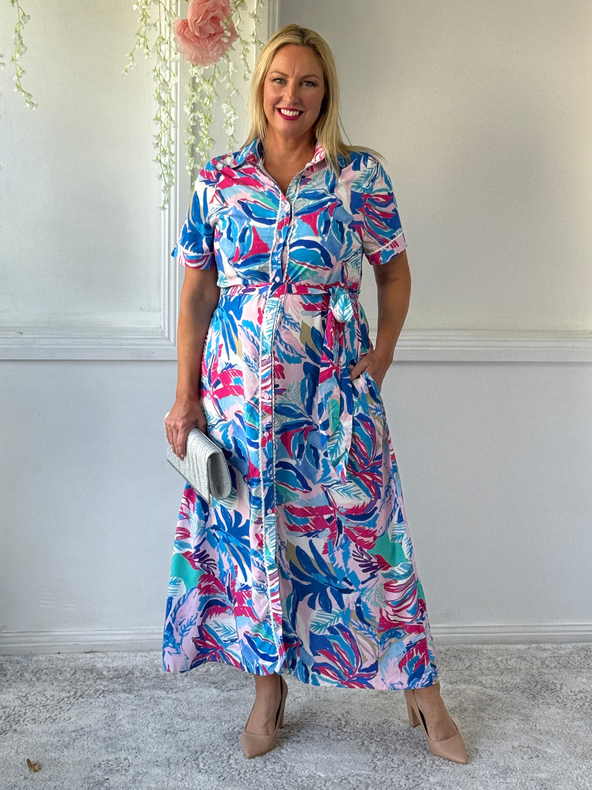 Eva Blue Tropical Shirt Dress