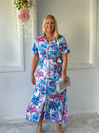 Eva Blue Tropical Shirt Dress