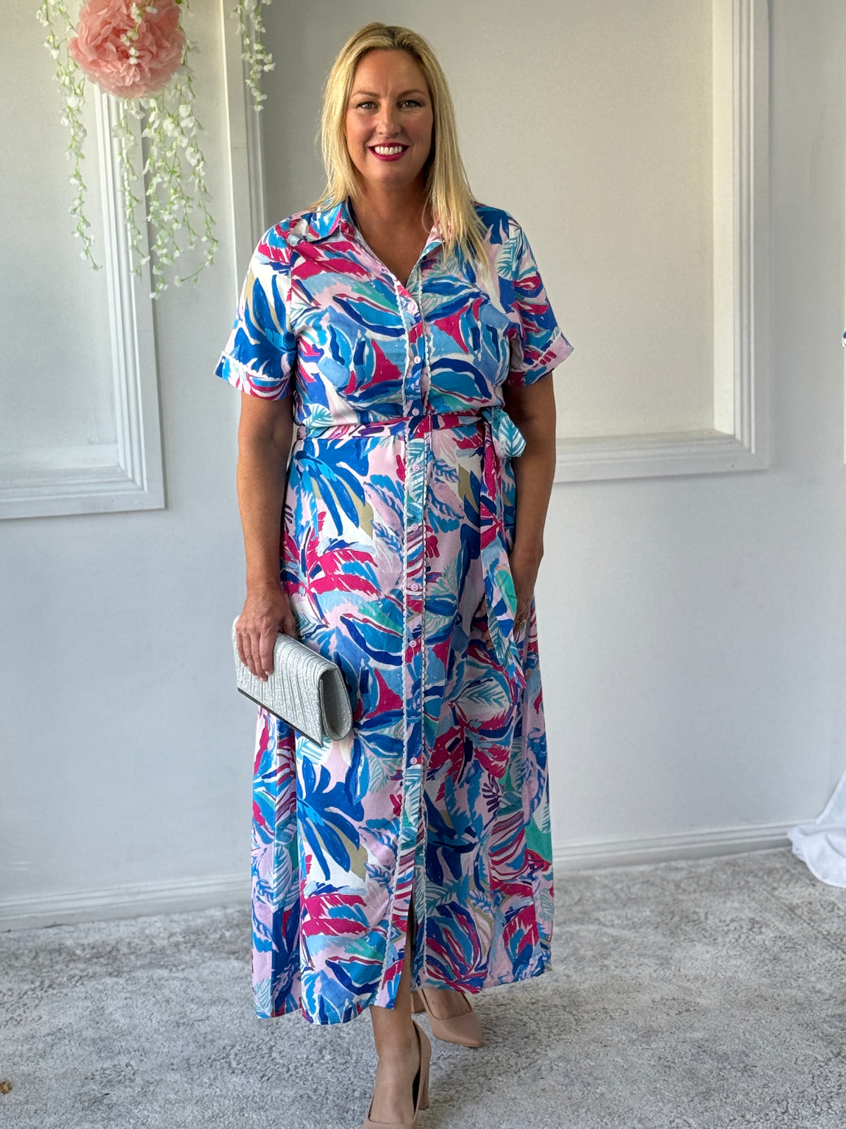Eva Blue Tropical Shirt Dress
