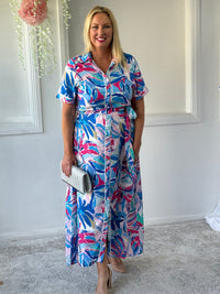 Eva Blue Tropical Shirt Dress