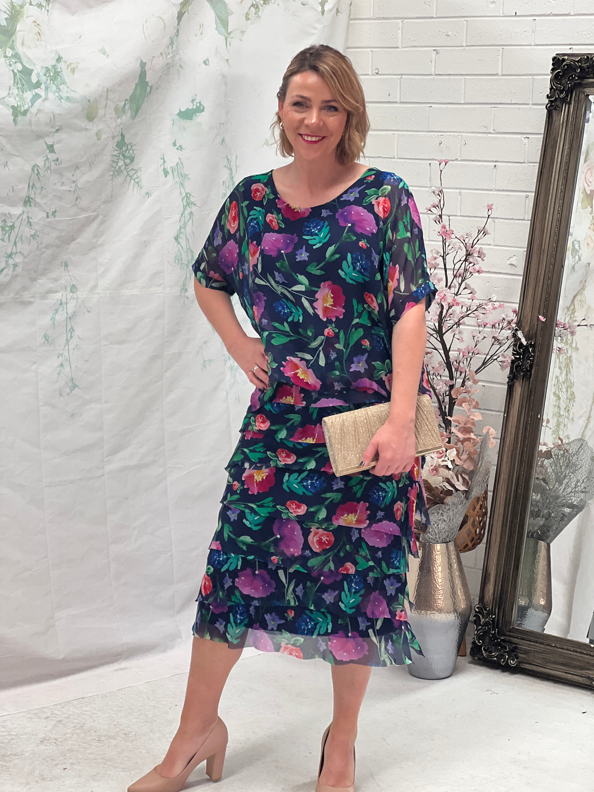 Clyde Floral Navy Silk Dress