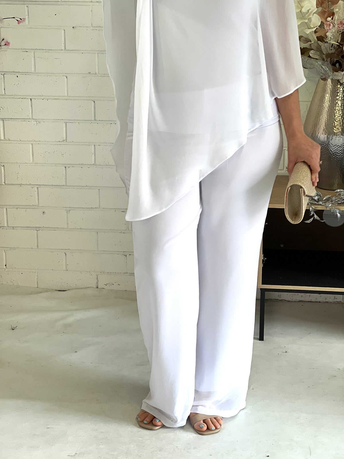 white chiffon dress pants White Chiffon Wide-Leg Pants | High Waist, Lined & Split