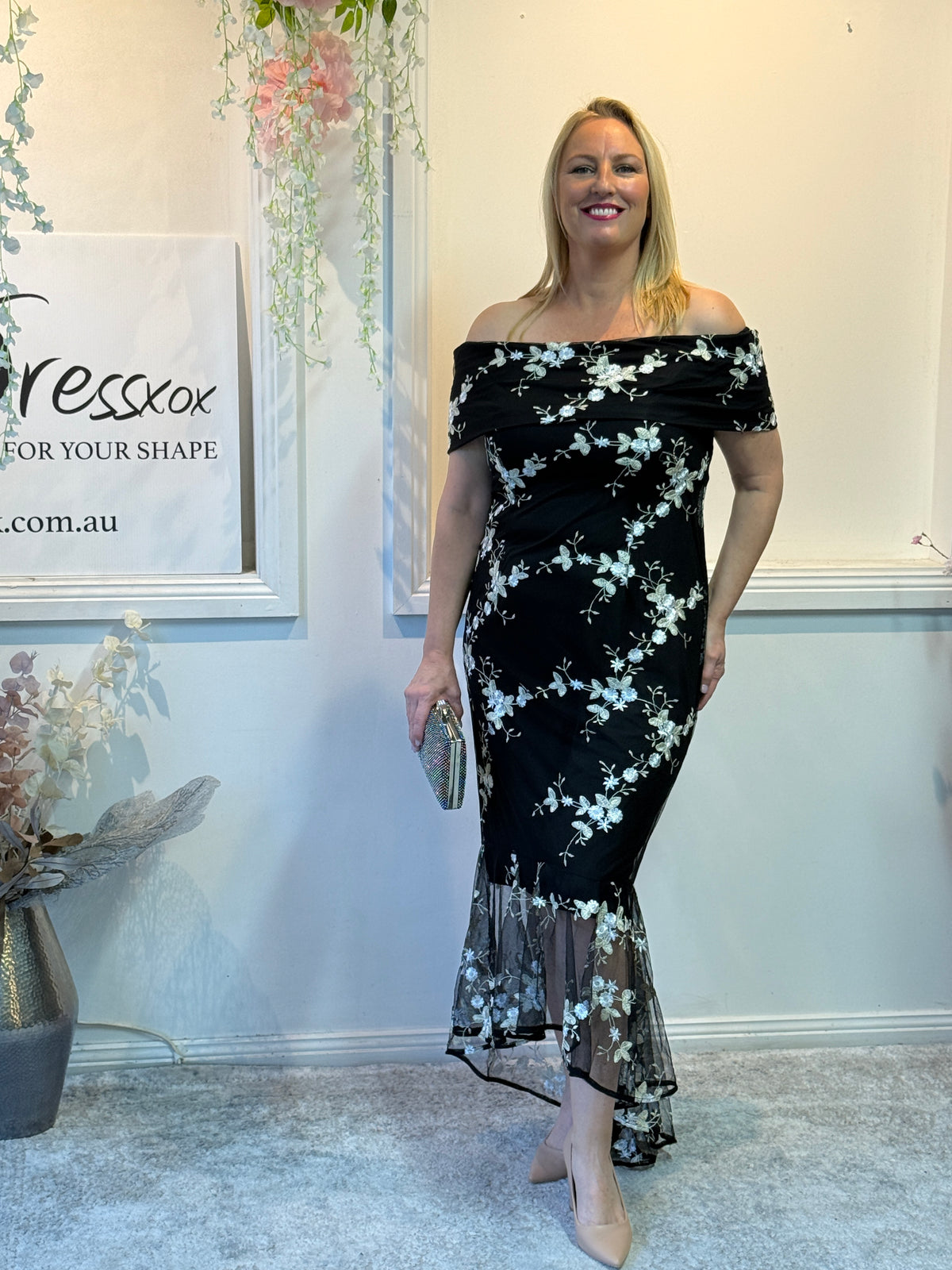 Harriet Black Embroidered Evening Gown