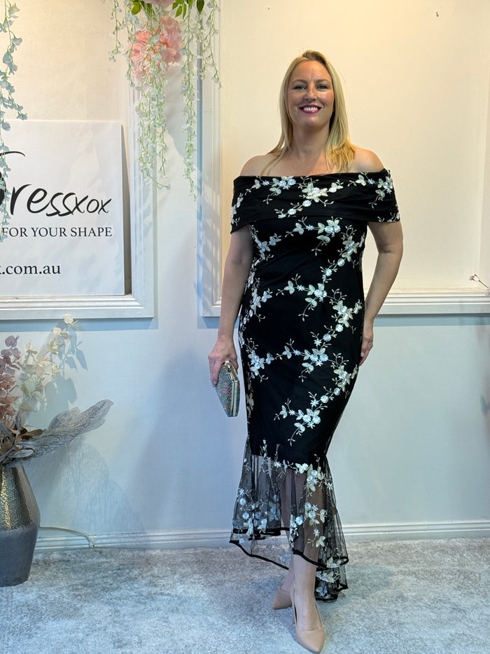 Harriet Black Embroidered Evening Gown