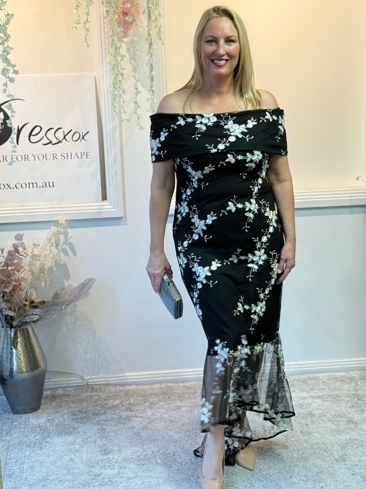 Harriet Black Embroidered Evening Gown