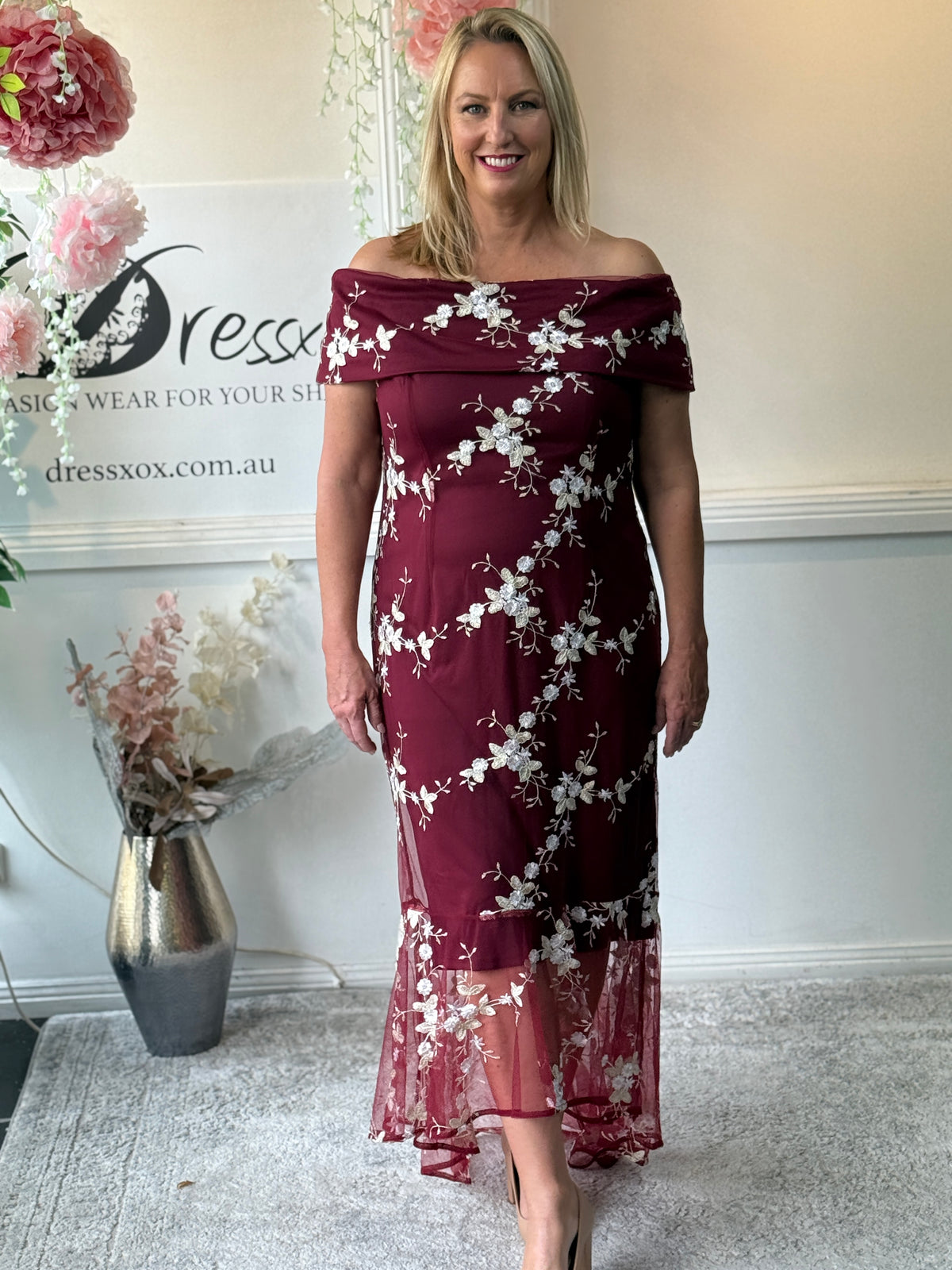 Harriet Burgundy Embroidered Evening Gown