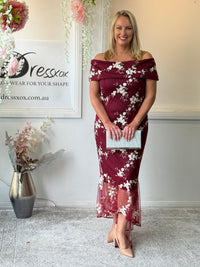 Harriet Burgundy Embroidered Evening Gown