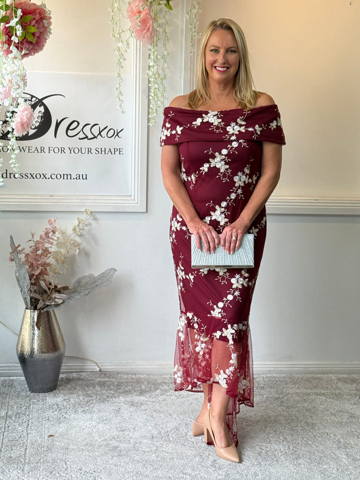 Harriet Burgundy Embroidered Evening Gown