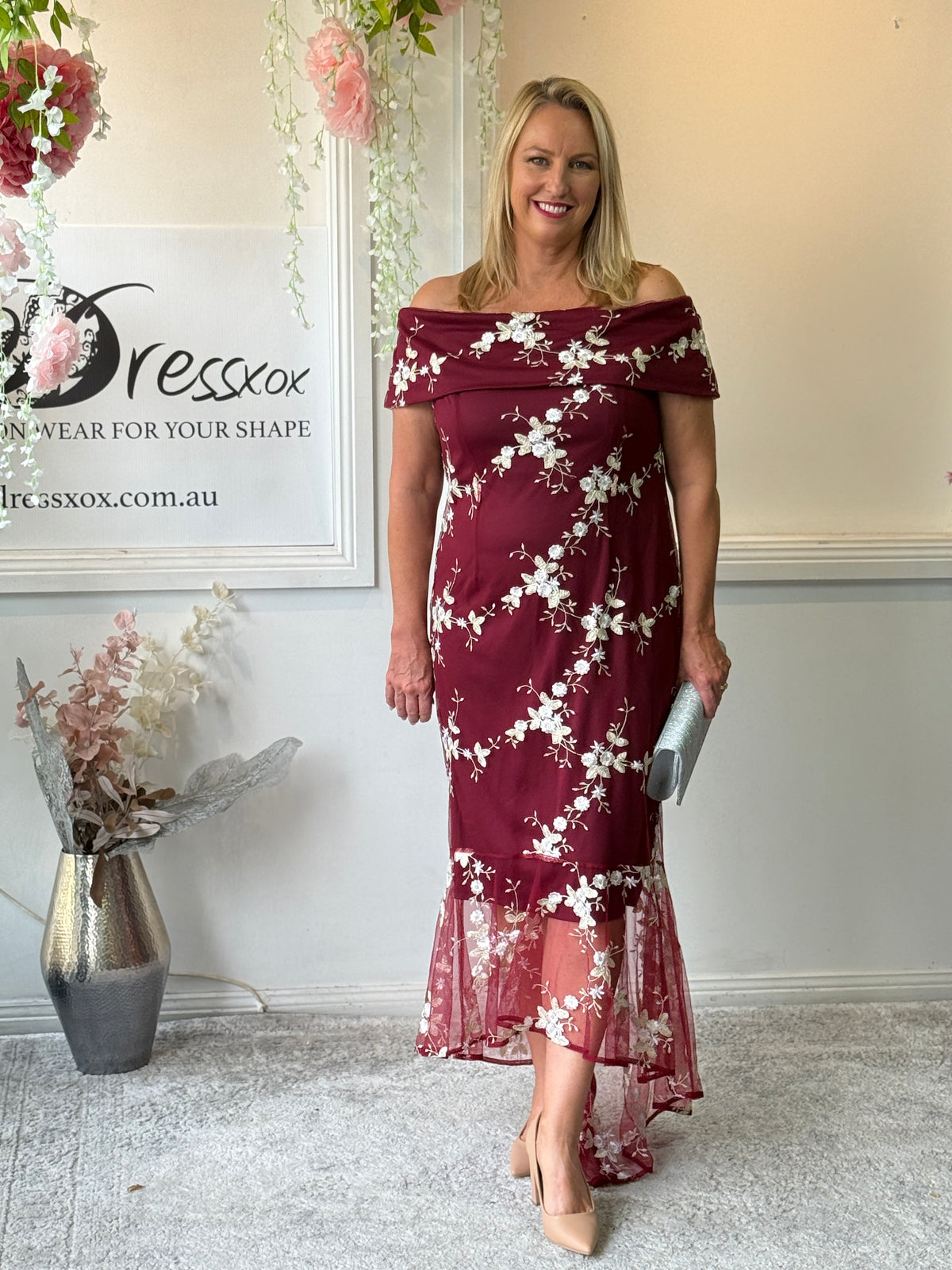 Harriet Burgundy Embroidered Evening Gown