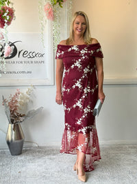 Harriet Burgundy Embroidered Evening Gown