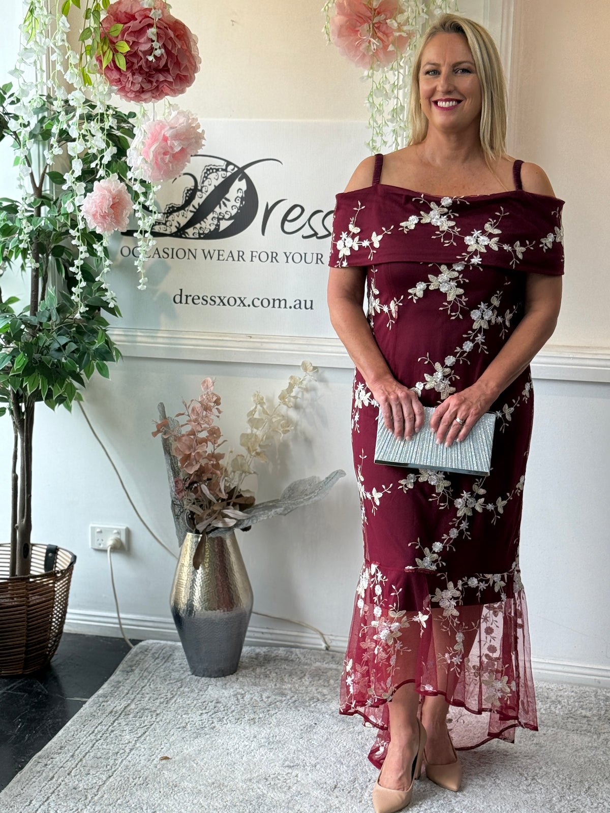 Harriet Burgundy Embroidered Evening Gown