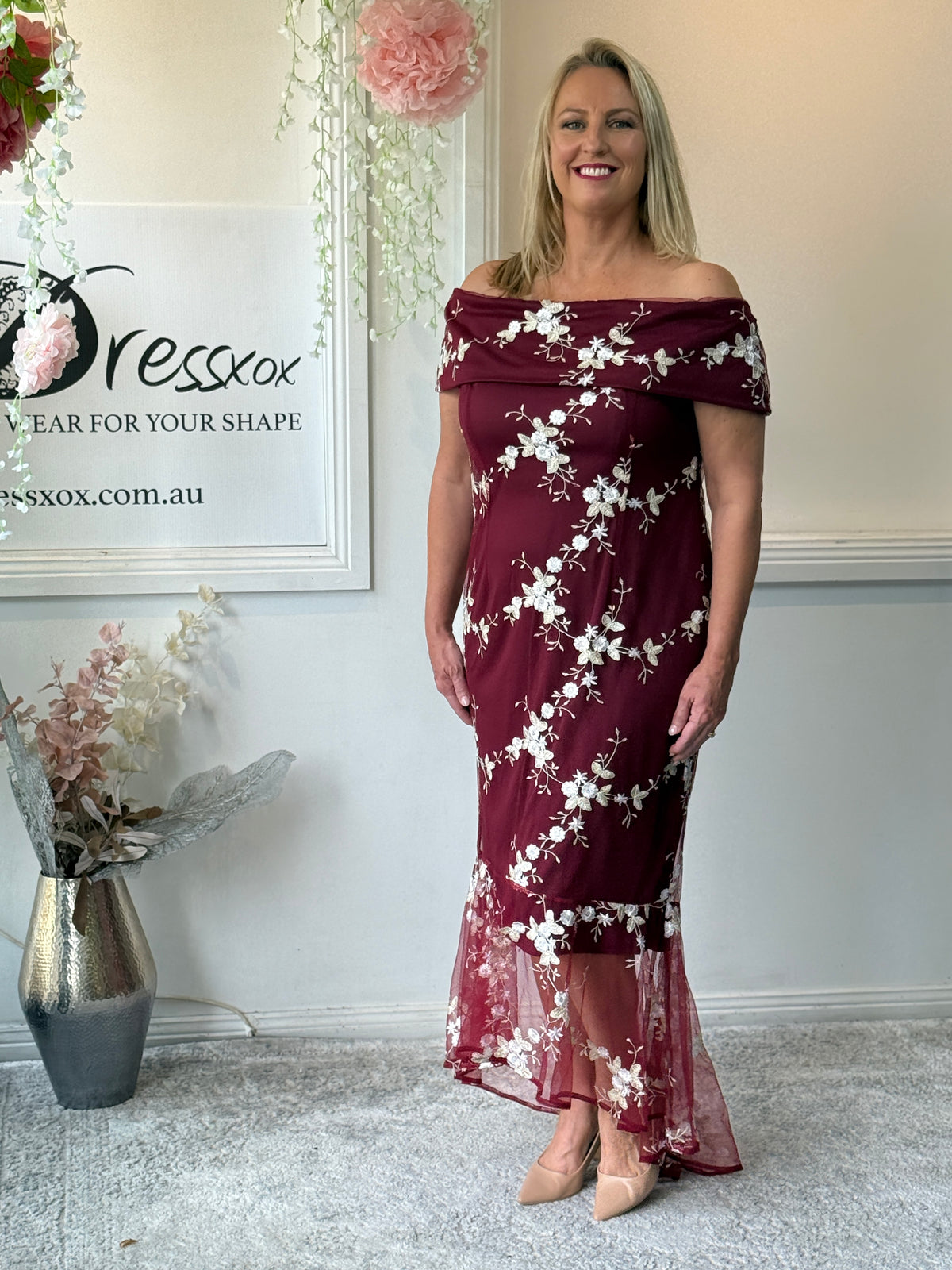 Harriet Burgundy Embroidered Evening Gown