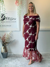 Harriet Burgundy Embroidered Evening Gown