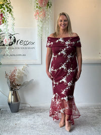 Harriet Burgundy Embroidered Evening Gown