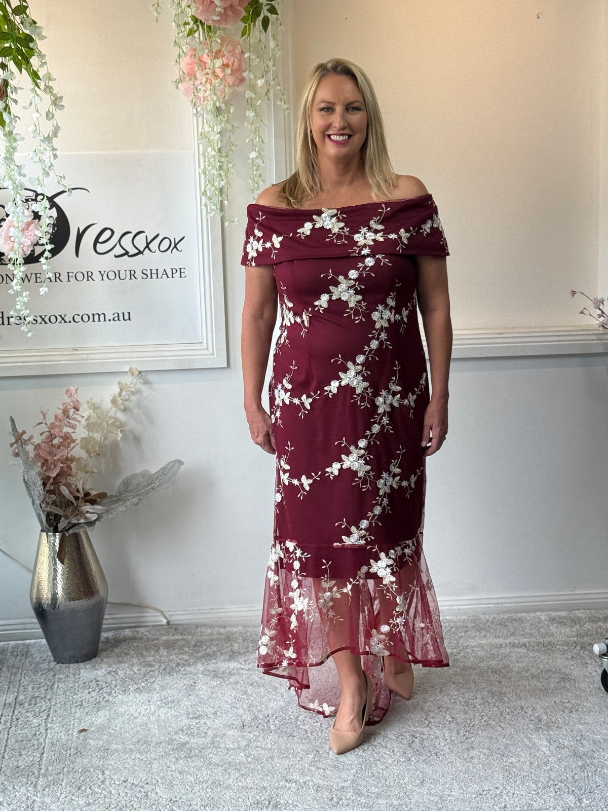 Harriet Burgundy Embroidered Evening Gown