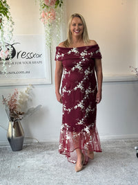 Harriet Burgundy Embroidered Evening Gown