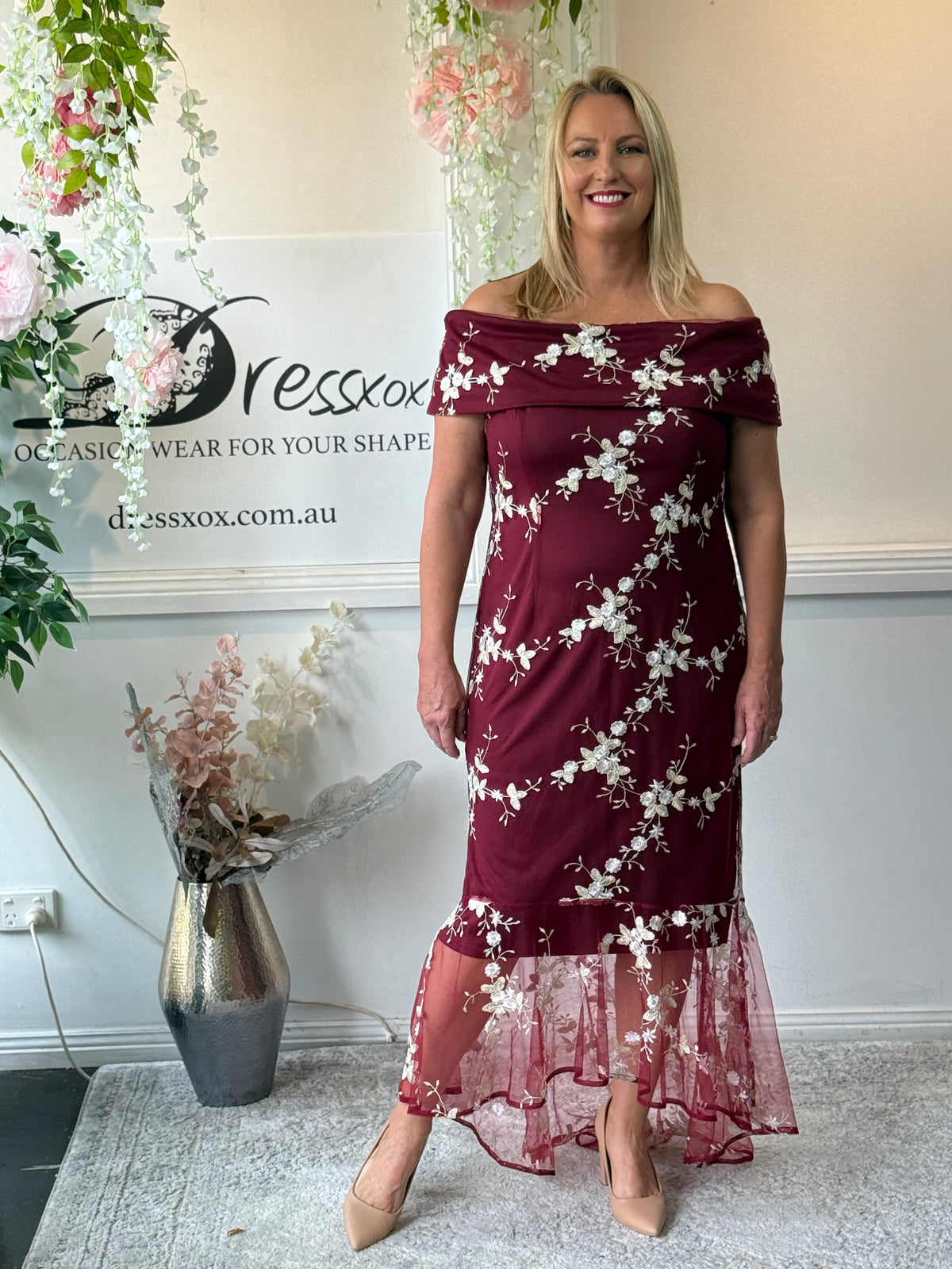 Harriet Burgundy Embroidered Evening Gown