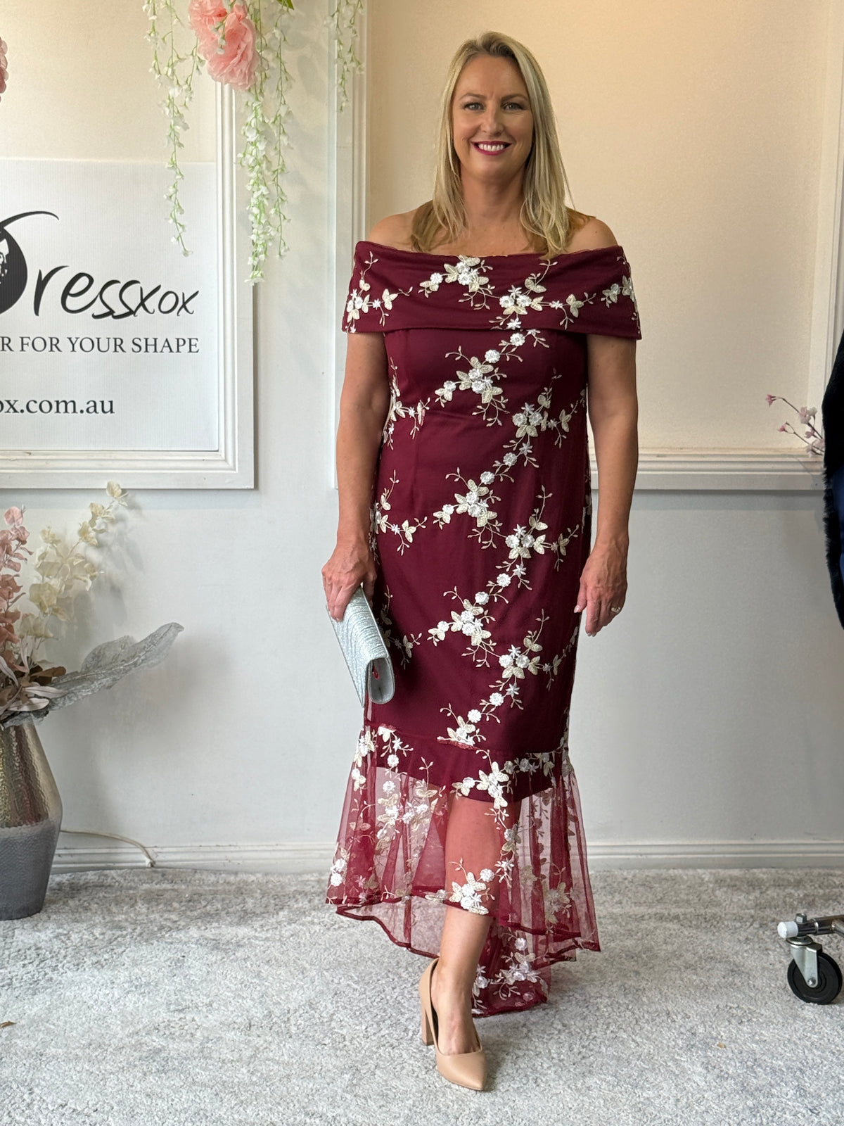 Harriet Burgundy Embroidered Evening Gown