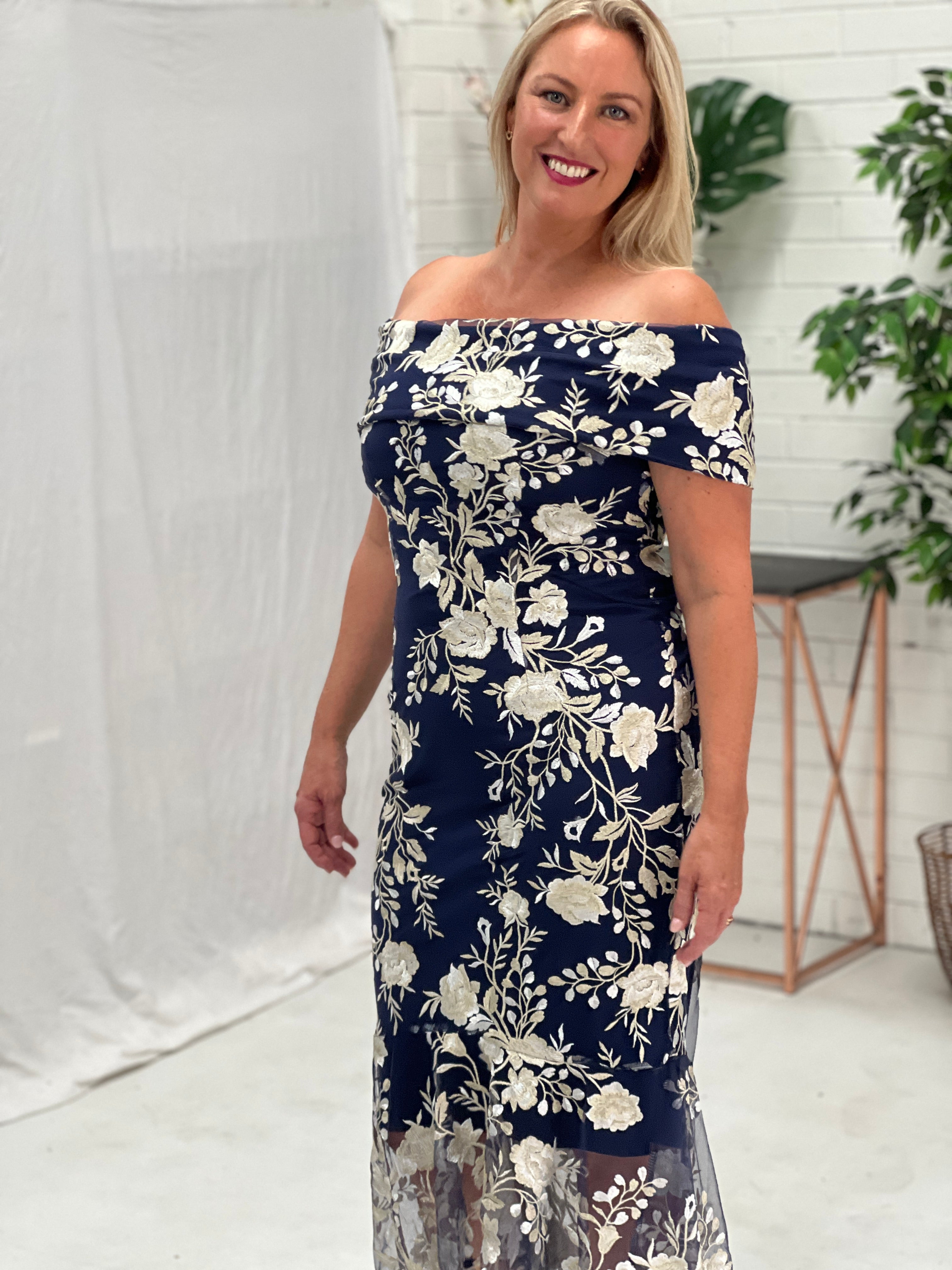 Harriet Navy Embroidered Evening Gown