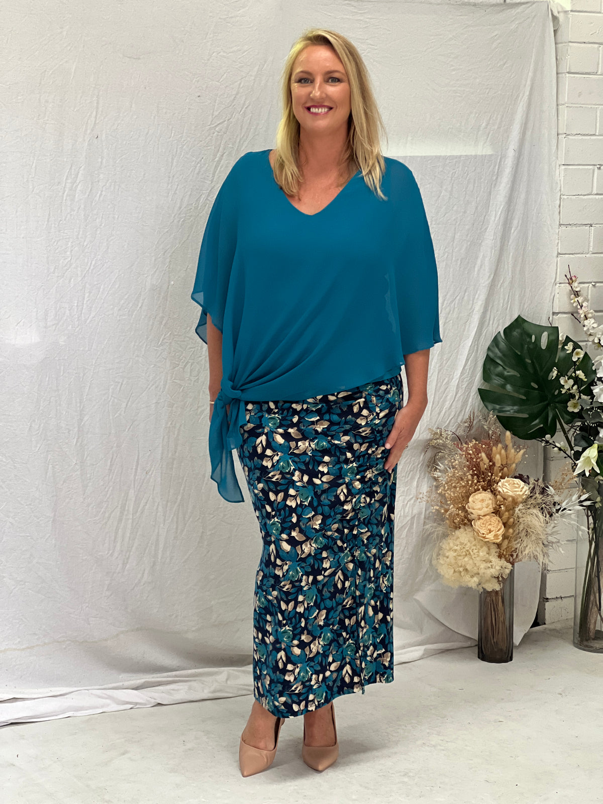 Roma Teal Floral Jersey Skirt