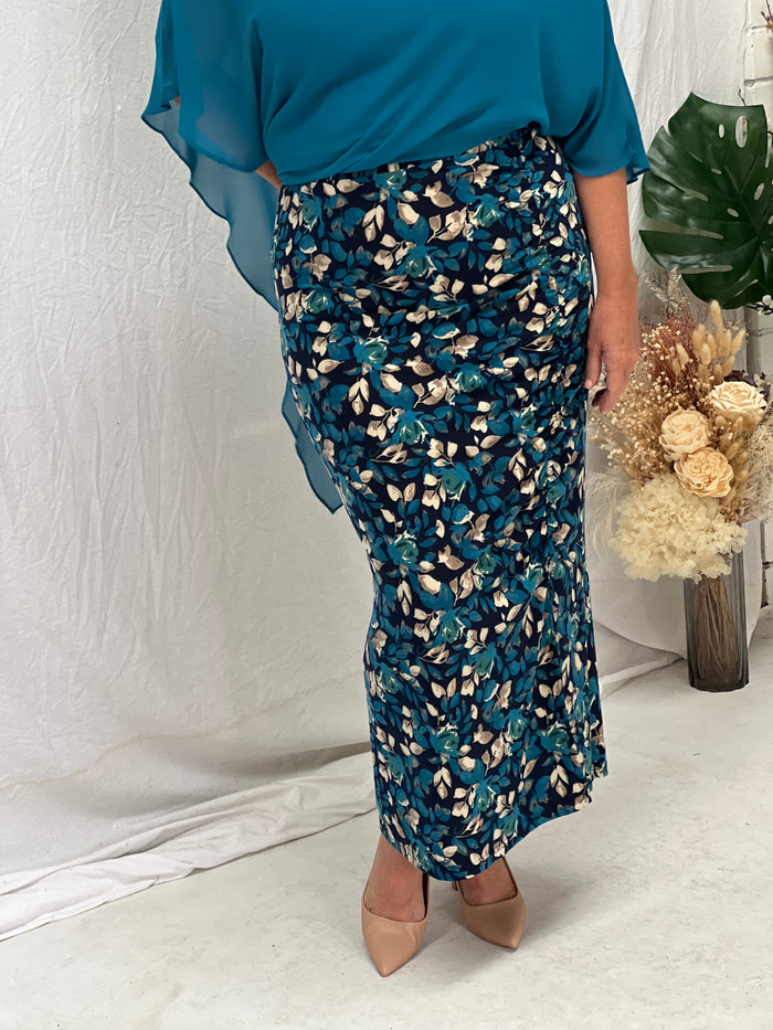 Roma Teal Floral Jersey Skirt