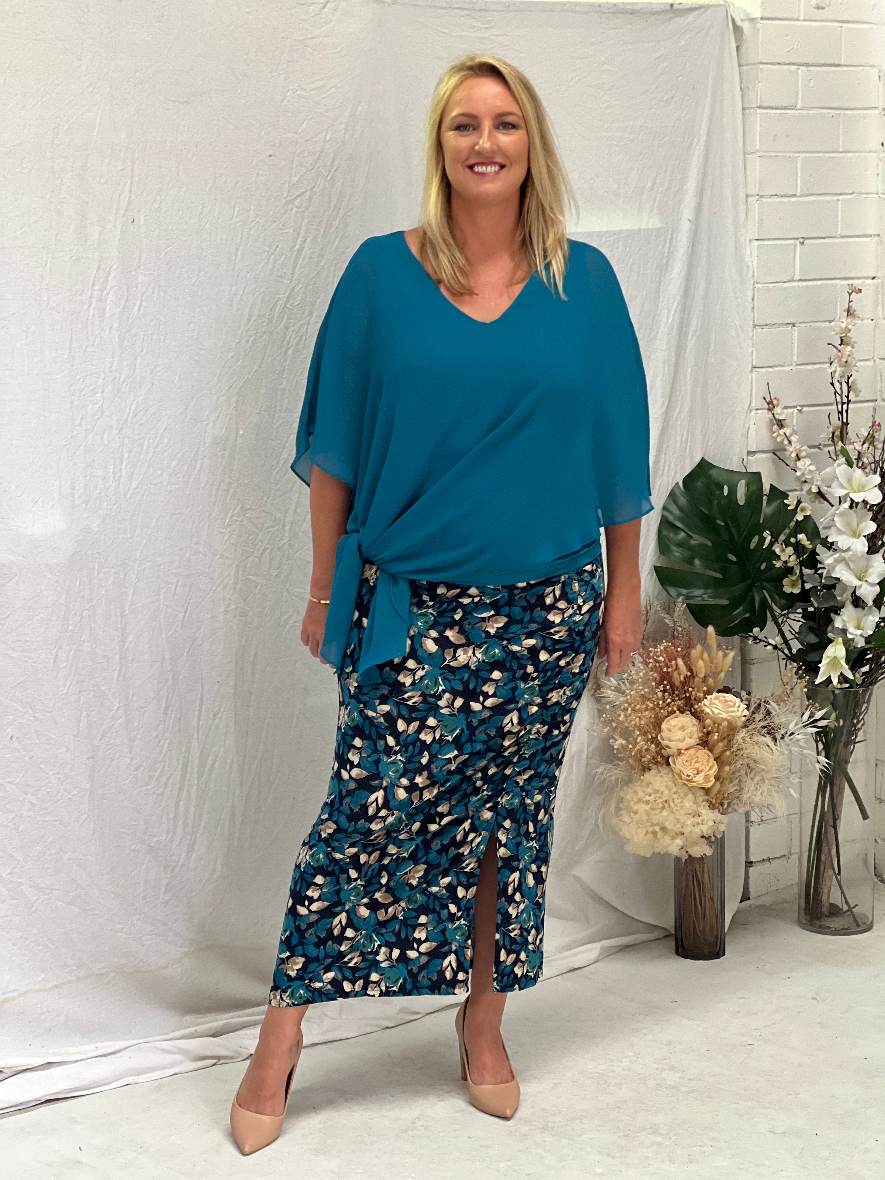 Roma Teal Floral Jersey Skirt Dressxox