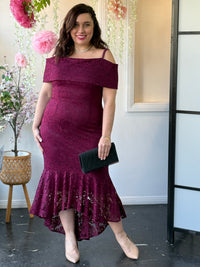 Izara Burgundy Lace Evening Gown