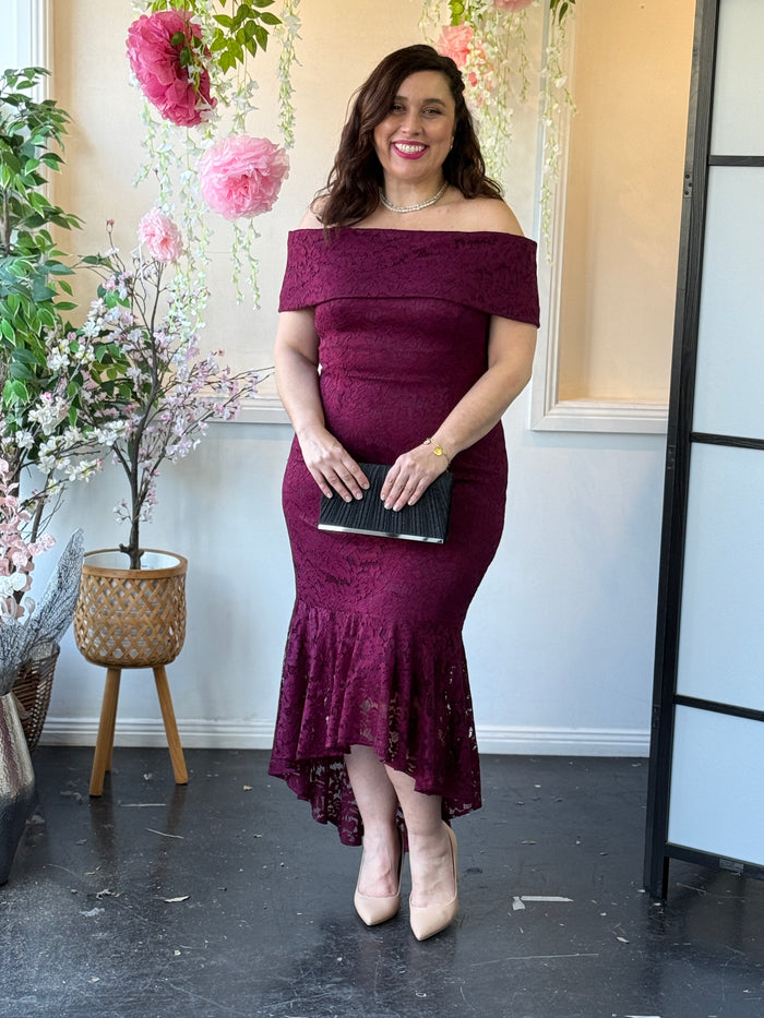 Izara Burgundy Lace Evening Gown