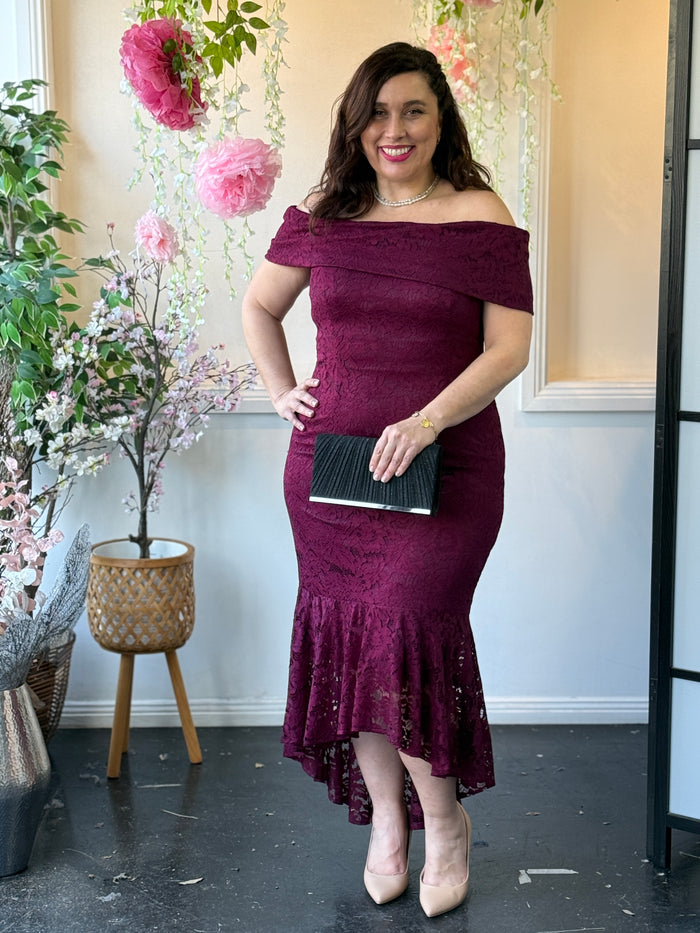 Izara Burgundy Lace Evening Gown