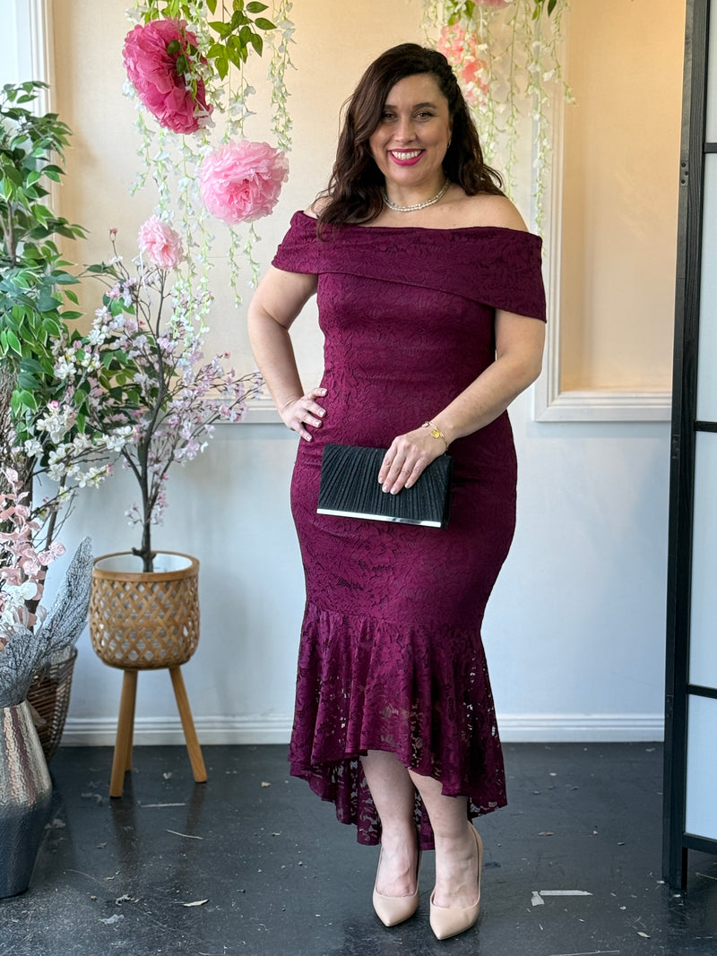 Izara Burgundy Lace Evening Gown