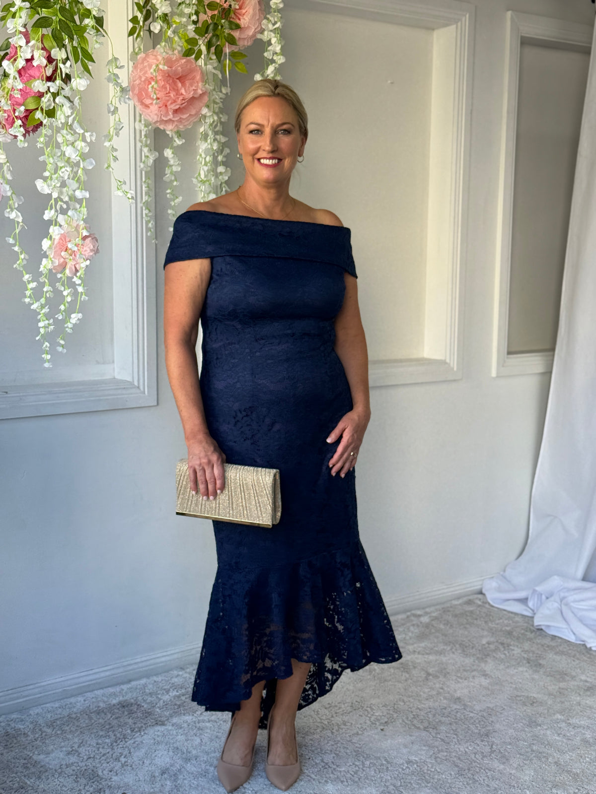 Izara Navy Lace Evening Gown