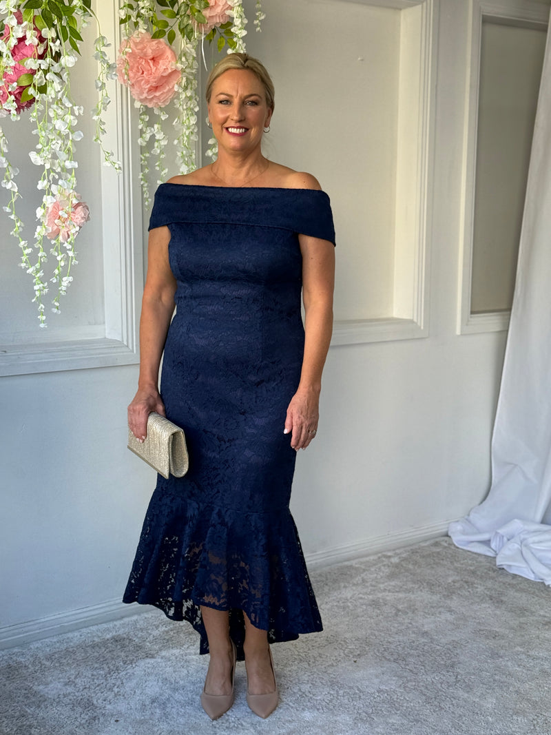 Izara Navy Lace Evening Gown