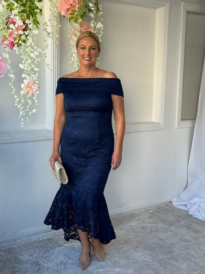 Izara Navy Lace Evening Gown