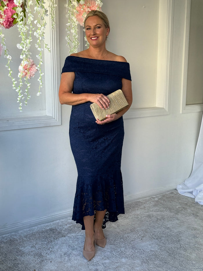Izara Navy Lace Evening Gown