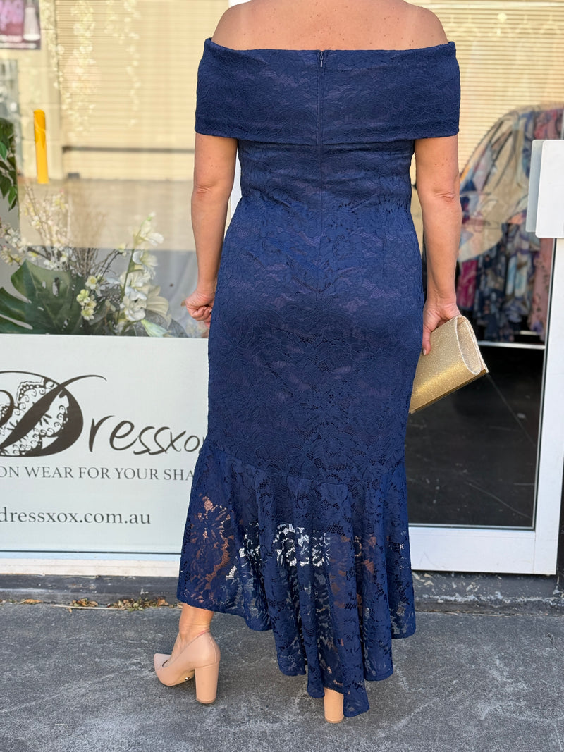 Izara Navy Lace Evening Gown