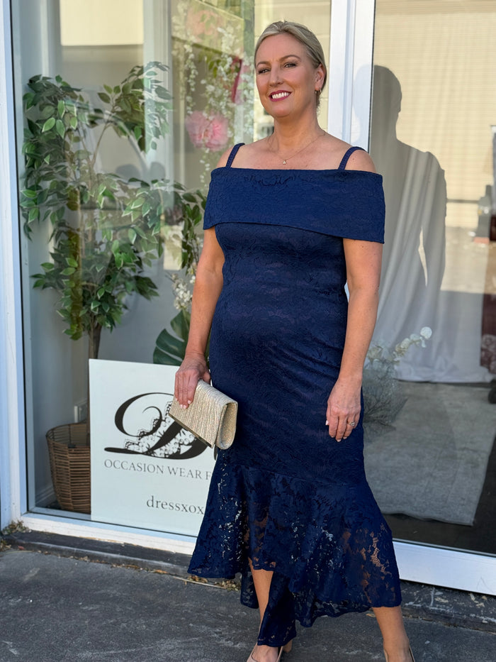 Izara Navy Lace Evening Gown