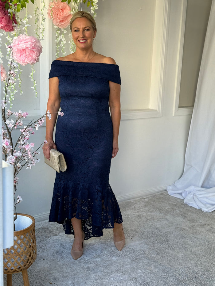 Izara Navy Lace Evening Gown