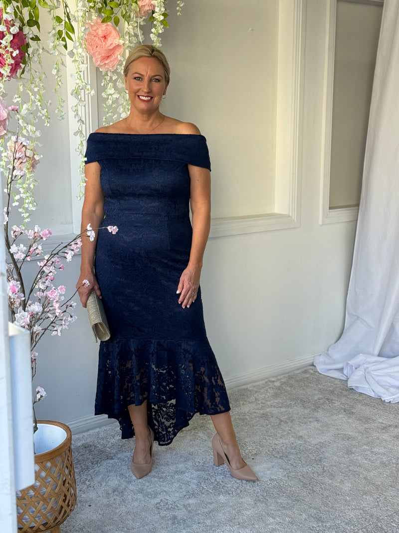 Izara Navy Lace Evening Gown
