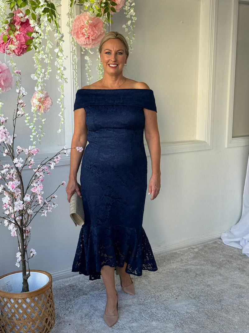 Izara Navy Lace Evening Gown