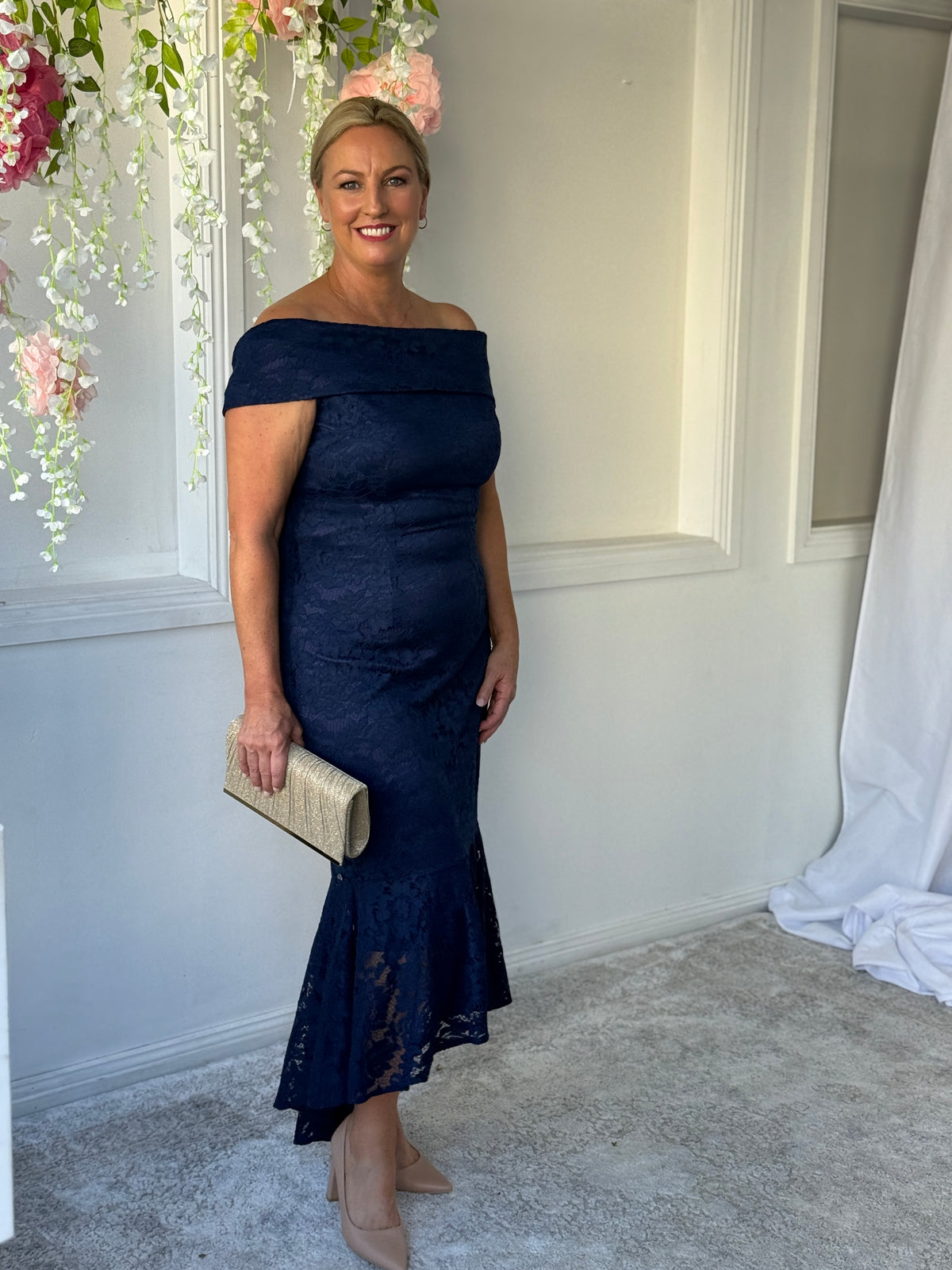 Izara Navy Lace Evening Gown