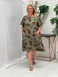 Joy Khaki Petal Linen Dress