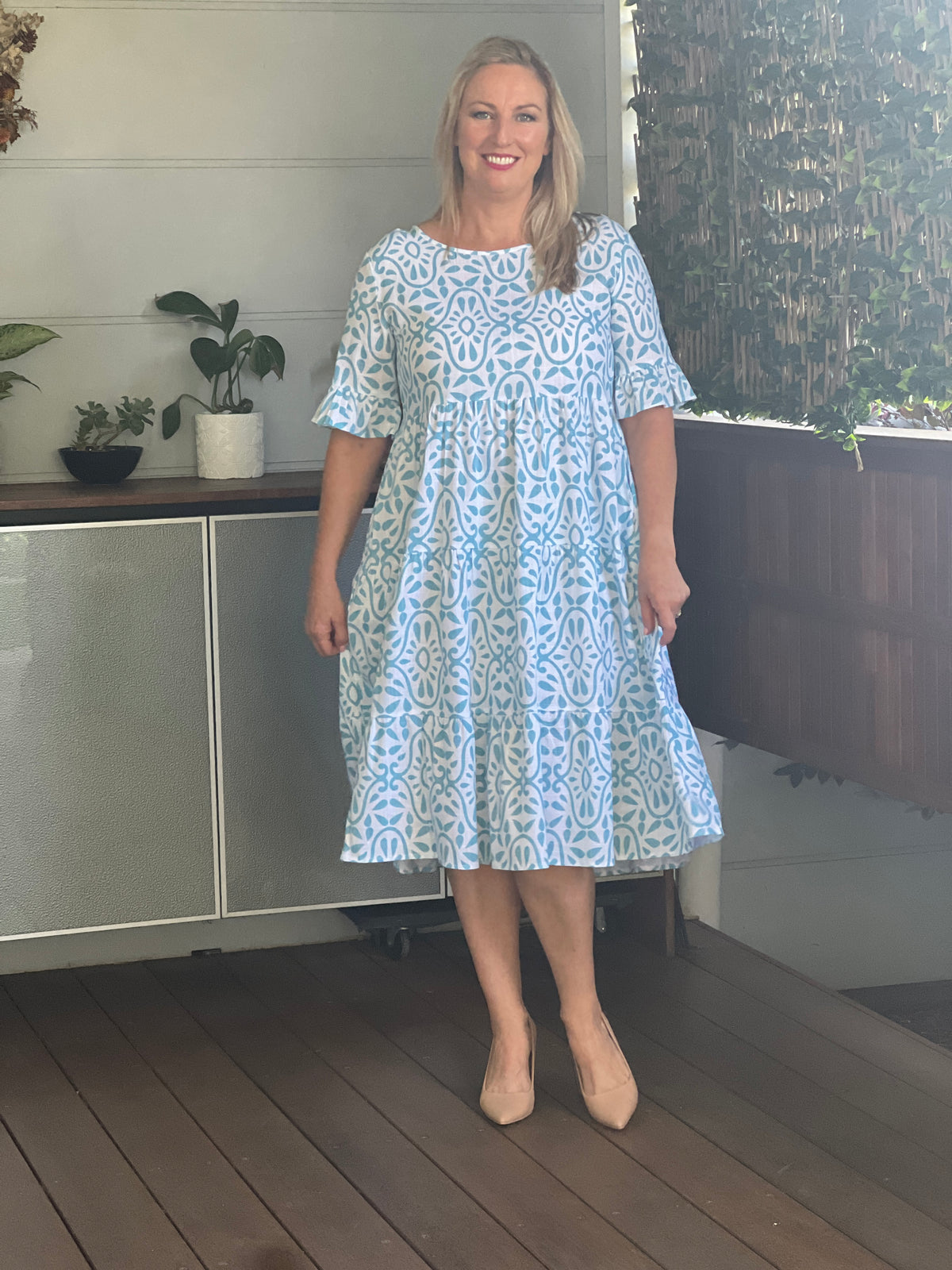 Kane Aqua Abstract Linen Dress