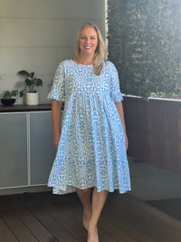 Kane Aqua Abstract Linen Dress