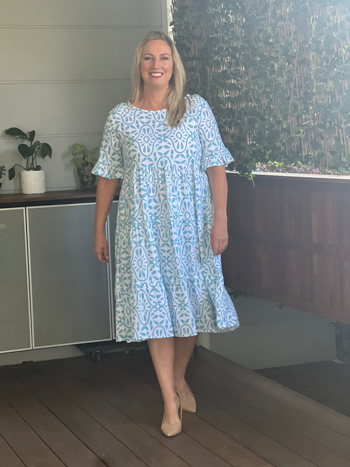 Kane Aqua Abstract Linen Dress