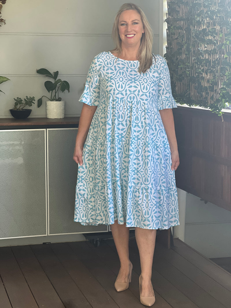 Kane Aqua Abstract Linen Dress