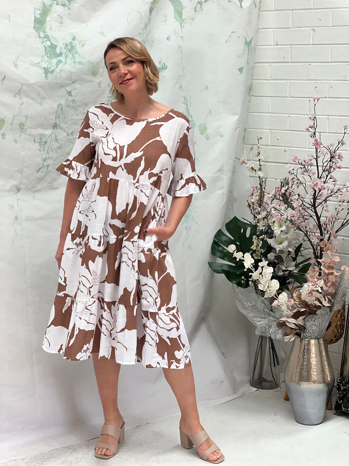 Kane Floral Sand Linen Dress