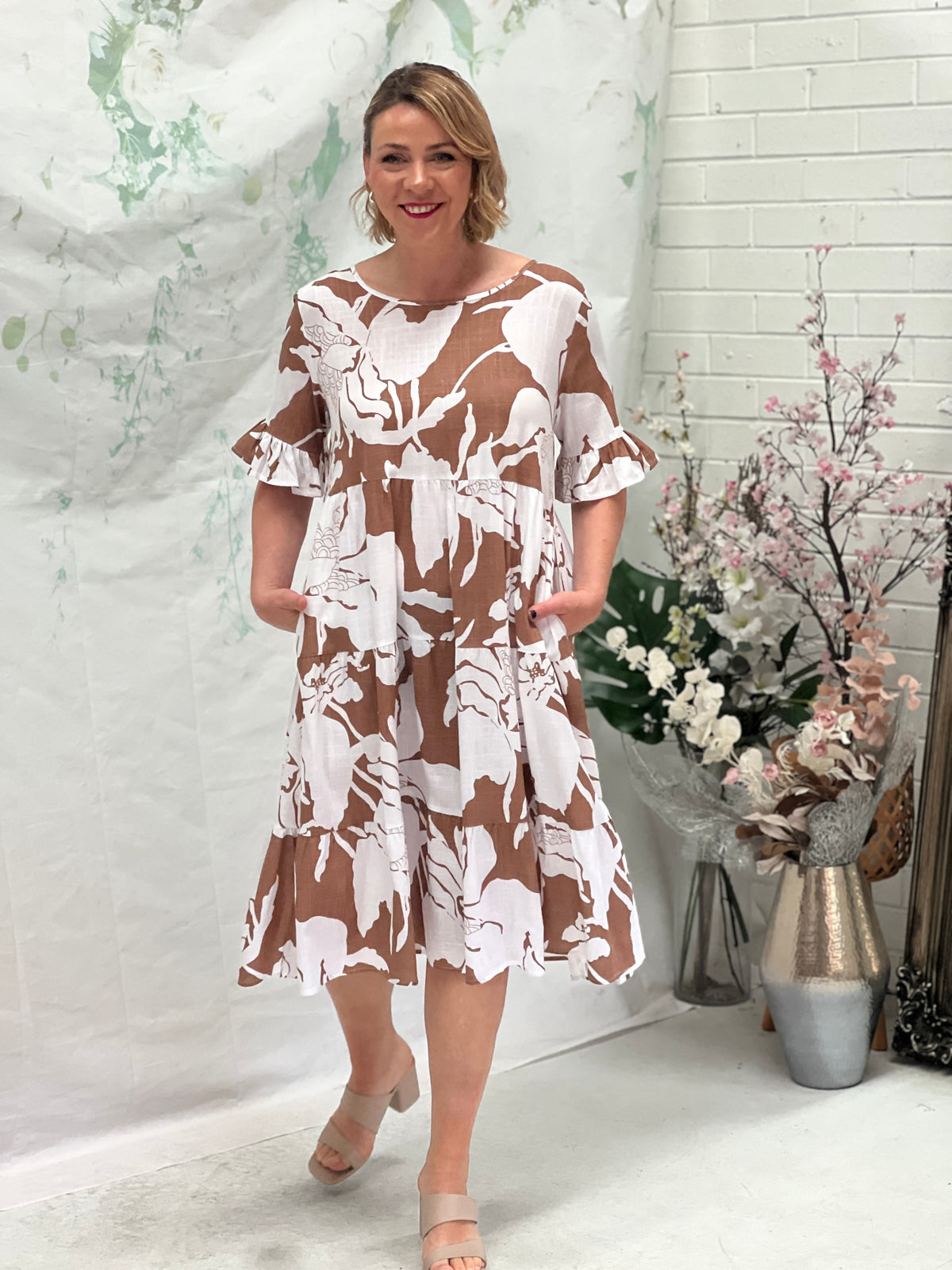 Kane Floral Sand Linen Dress