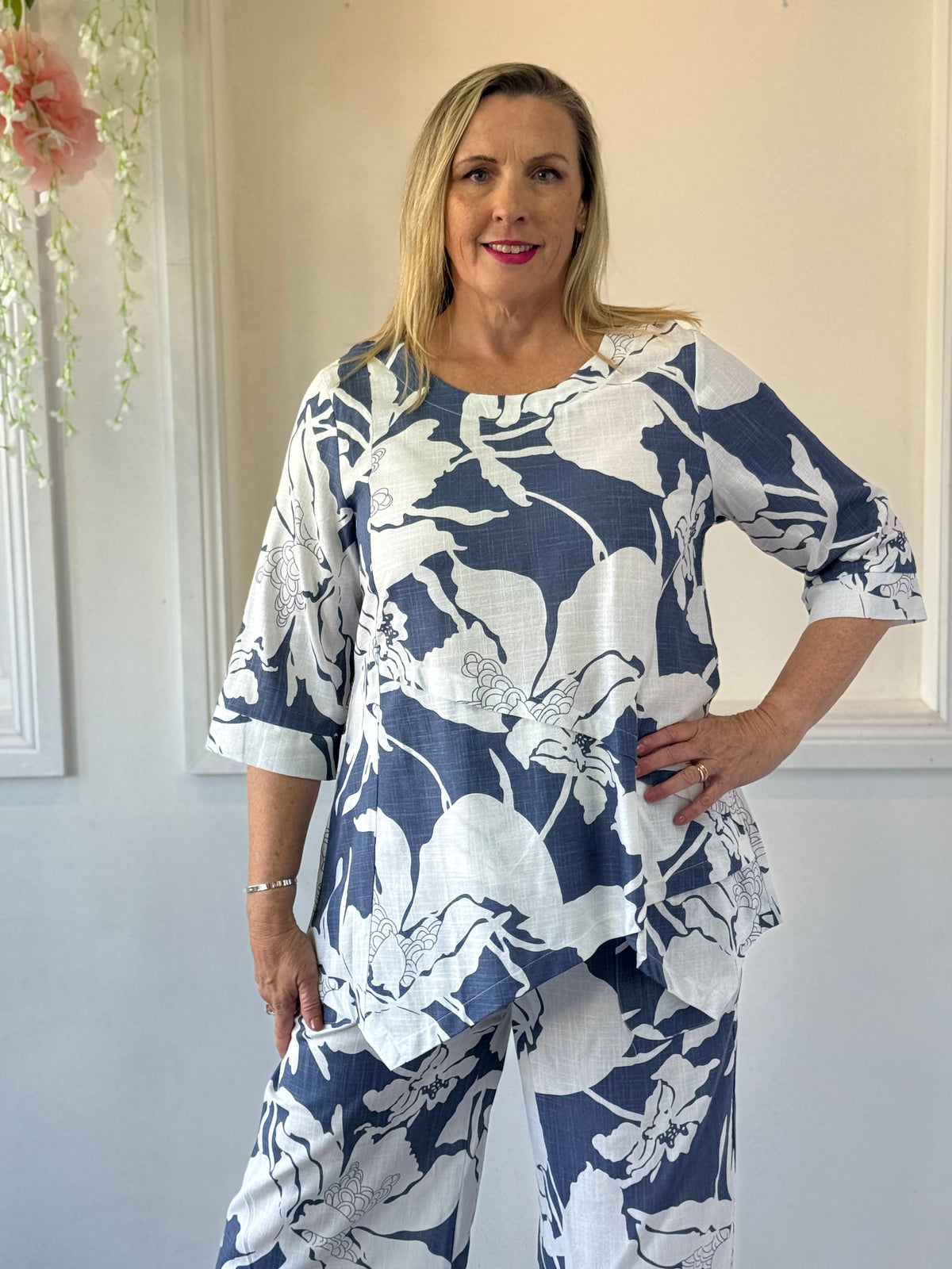 Karla Blue Floral Linen Top