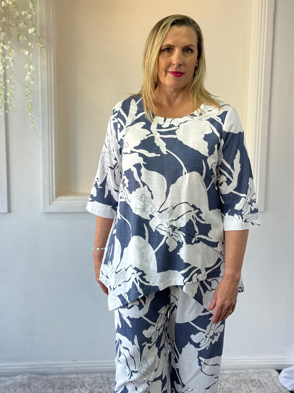 Karla Blue Floral Linen Top