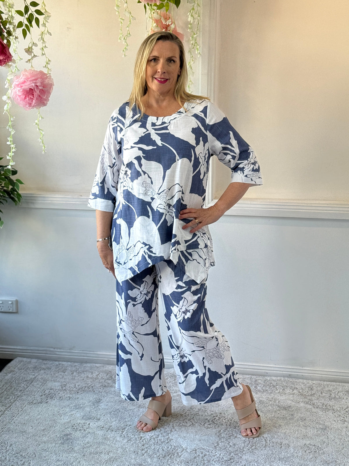 Karla Blue Floral Linen Top